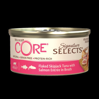 Konzerva Wellness Core Cat Selects Flaked tuňák s lososem ve šťávě 79g