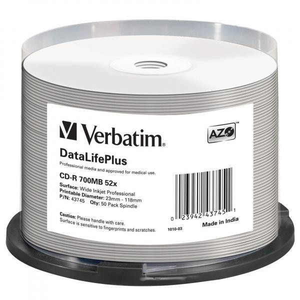 Verbatim CD-R, 43745, DataLife PLUS, 50-pack, 700MB, 52X, Professional, 80min., 12cm, Wide Inkje