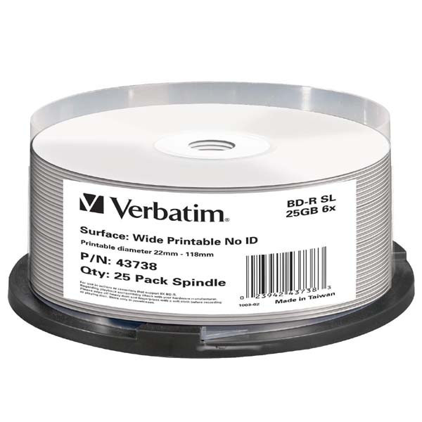 Verbatim BD-R, Single Layer Wide Printable No ID Surface Hard Coat, 25GB, cake box, 43738, 6x, 2