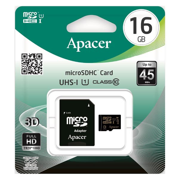 Apacer paměťová karta Secure Digital, 16GB, micro SDHC, AP16GMCSH10U1-R, UHS-I U1 (Class 10), s