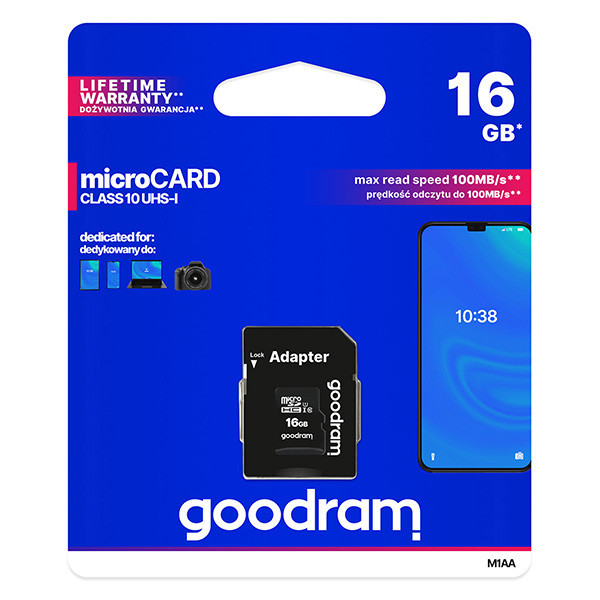 Goodram Micro Secure Digital Card, 16GB, micro SDHC, M1AA-0160R12, UHS-I U1 (Class 10), s adapté