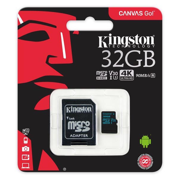Kingston paměťová karta Canvas Go!, 32GB, micro SDHC, SDCG2/32GB, UHS-I U3, s adaptérem