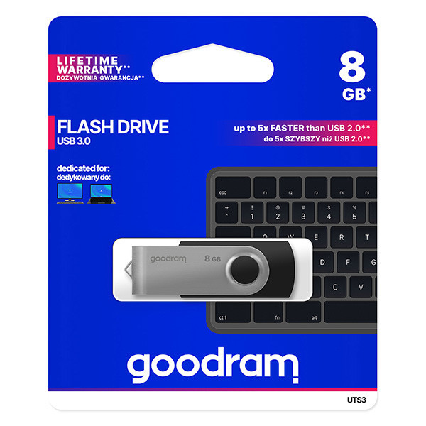 Goodram USB flash disk, USB 3.0 (3.2 Gen 1), 8GB, UTS3, černý, UTS3-0080K0R11, USB A, s otočnou
