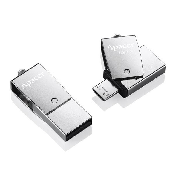 Apacer USB flash disk OTG, USB 3.0 (3.2 Gen 1), 16GB, AH750, stříbrný, AP16GAH750S-1, USB A / US