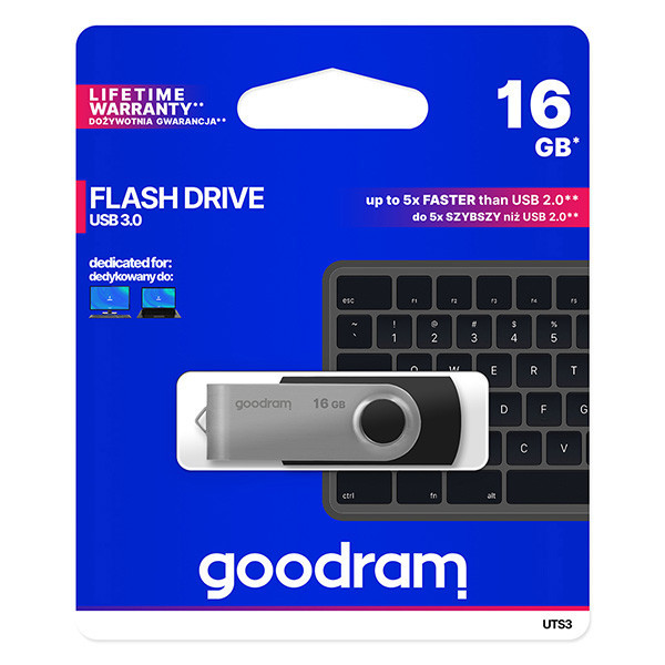 Goodram USB flash disk, USB 3.0 (3.2 Gen 1), 16GB, UTS3, černý, UTS3-0160K0R11, USB A, s otočnou