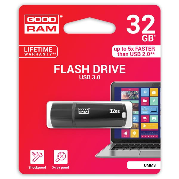 Goodram USB flash disk, USB 3.0 (3.2 Gen 1), 32GB, UMM3, černý, UMM3-0320K0R11, USB A, s krytkou
