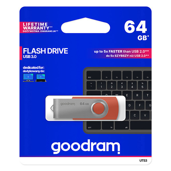 Goodram USB flash disk, USB 3.0 (3.2 Gen 1), 64GB, UTS3, červený, UTS3-0640R0R11, USB A, s otočn
