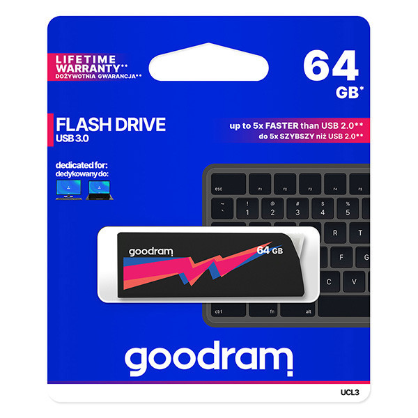 Goodram USB flash disk, USB 3.0 (3.2 Gen 1), 64GB, UCL3, černý, UCL3-0640K0R11, USB A, s výsuvný