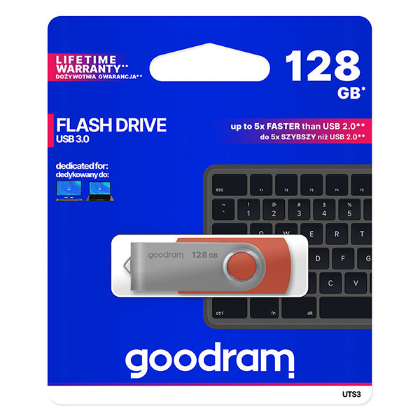 Goodram USB flash disk, USB 3.0 (3.2 Gen 1), 128GB, UTS3, červený, UTS3-1280R0R11, USB A, s otoč