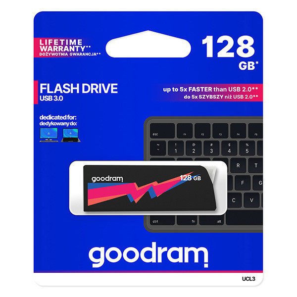 Goodram USB flash disk, USB 3.0 (3.2 Gen 1), 128GB, UCL3, černý, UCL3-1280K0R11, USB A, s výsuvn