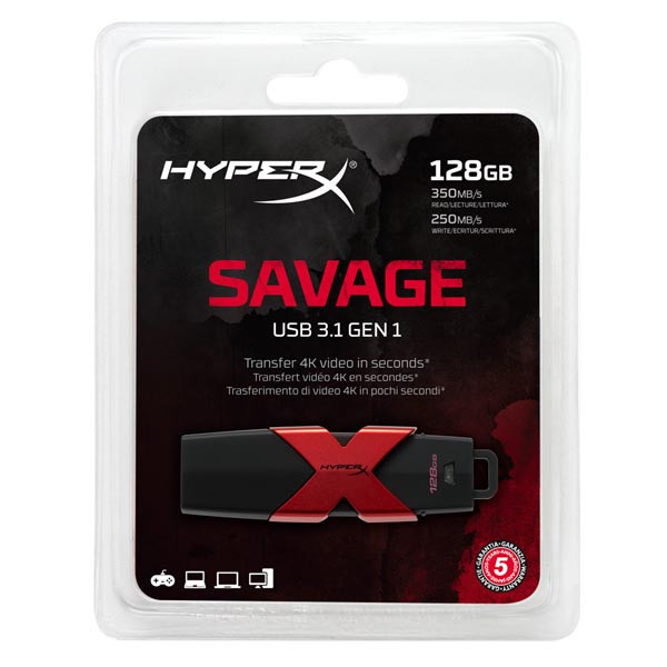 Kingston USB flash disk, USB 3.0 (3.2 Gen 1), 128GB, HyperX Savage, černo-červený, HXS3/128GB, U