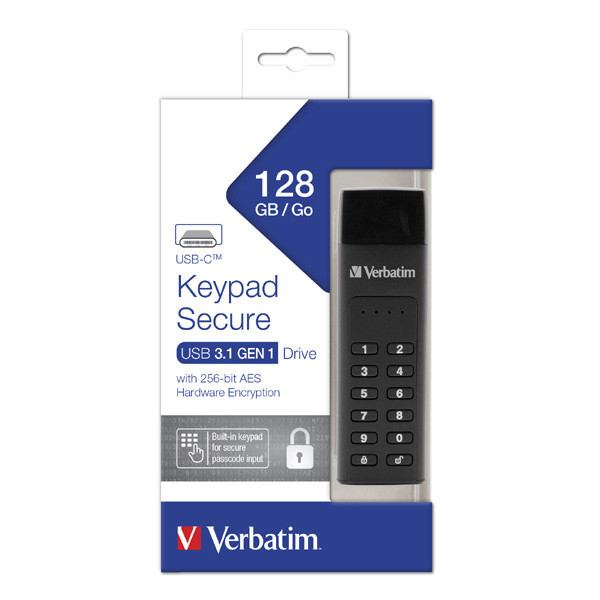 Verbatim USB flash disk, USB 3.0 (3.2 Gen 1), 128GB, Keypad Secure, černý, 49432, USB C, 256bito