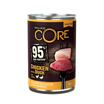 Konzerva Wellness Core Dog 95% Protein Adult kuře, kachna a mrkev 400g