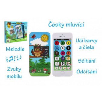 Naučný mobilní telefon moudré sovy s krytem plast na baterie se zvukem v krabici 22x18x3,5cm 12m