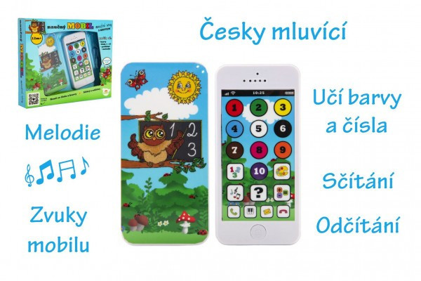 Naučný mobilní telefon moudré sovy s krytem plast na baterie se zvukem v krabici 22x18x3,5cm 12m