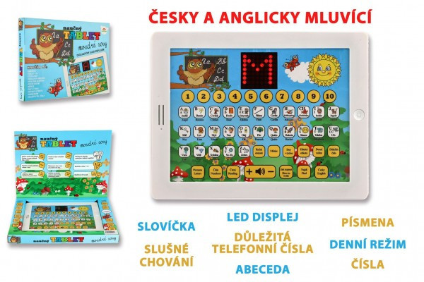 Naučný tablet moudré sovy dvojjazyčný CZ+AJ plast 24x19x2cm na baterie se zvukem v krabici 32x23