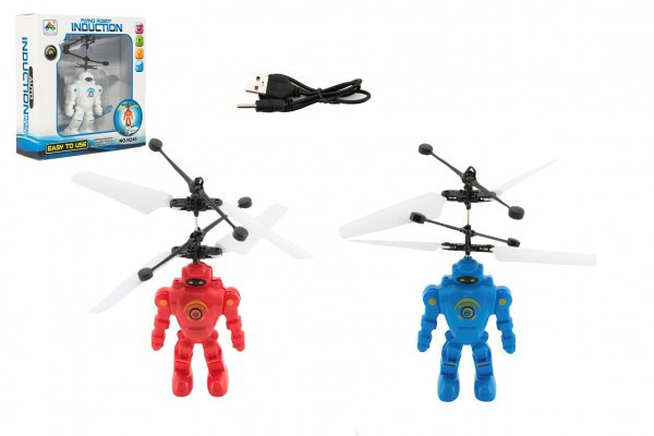 Vrtuľník/Robot 15cm plast reagujúci na pohyb ruky s USB nab. káblom so svetlom v krabičke 17x18