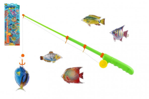Ryba dziczyzna/rybak magnetyczny plastikowy 5 szt. + wędka plastikowa 39cm 2 kolory na karcie