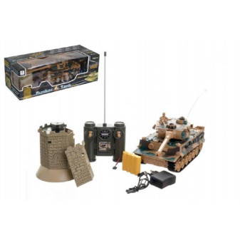 Tank RC 35cm+bunkr na bat. plast s dobíjecím packem se zvukem se světlem 40MHz v krabici 51x17x1