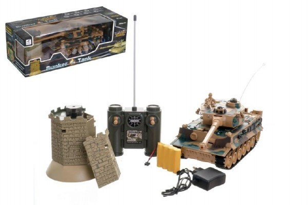 Tank RC 35cm + bunker na bat. plast s dobíjacím packom so zvukom so svetlom 40MHz v krabici 51x17x1