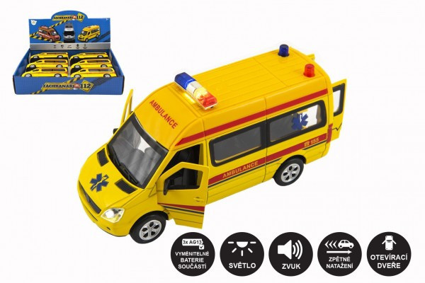 Ambulans samochodowy metalowy/plastikowy 15 cm na baterie ze światłem i dźwiękiem do chowania 6 sztuk w pudełku