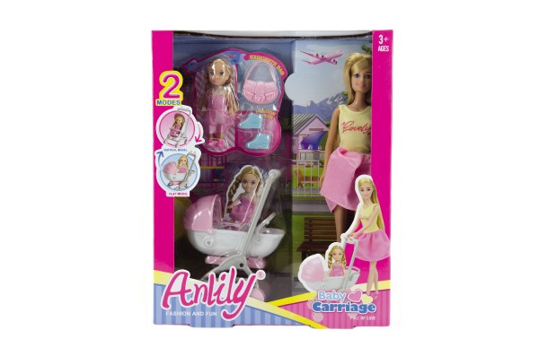 Zestaw lalek Anlily z małą dziewczynką i wózkiem + plastikowe akcesoria w pudełku 27x34x9cm