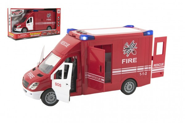 Auto hasiči plast 28cm na zotrvačník na batérie so zvukom so svetlom v krabici 32x18x12cm