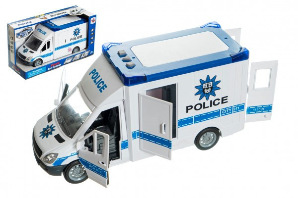 Auto polícia plast 28cm na zotrvačník na batérie so zvukom so svetlom v krabici 32x18x12cm