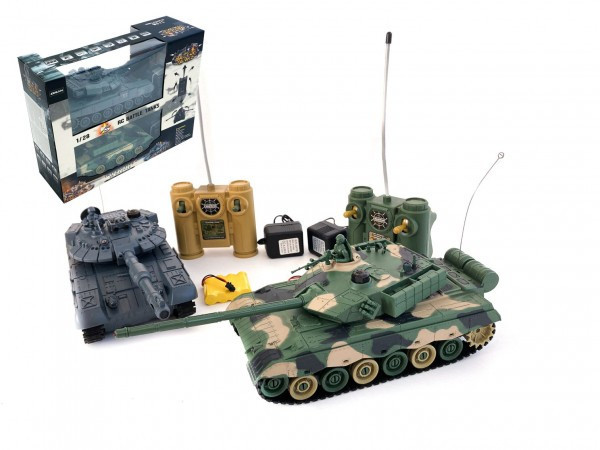 Tank RC 2ks 33cm+dobíjací pack tanková bitka so zvukom so svetlom v krabici 42x32x14cm