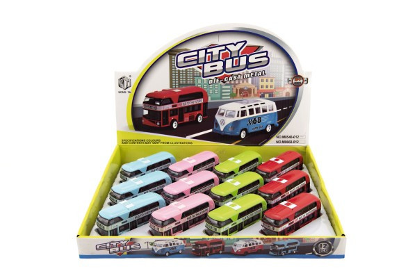 Autobus piętrowy metal/plastik chowany 9,5 cm 4 kolory 12 sztuk w pudełku