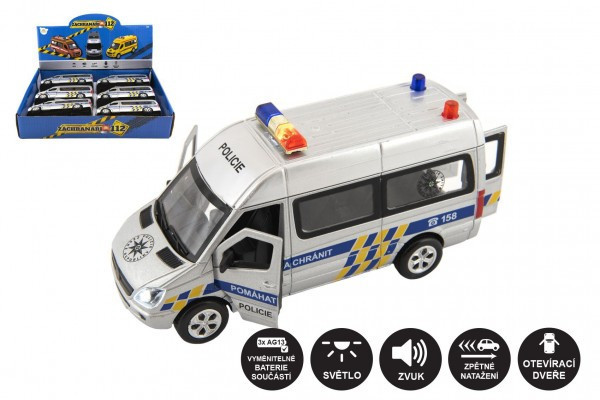 Auto policie záchranáři kov/plast 15cm na baterie se světlem se zvukem na zpětné natažení