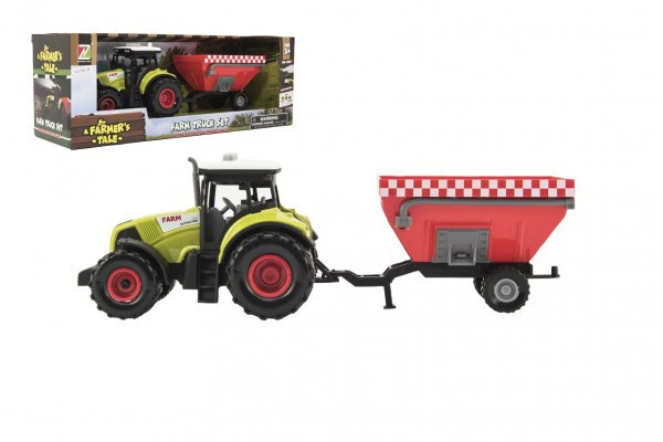 Traktor s vlekom plast 28cm na zotrvačník na batérie so zvukom so svetlom v krabici 34x13x11cm