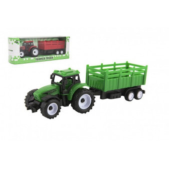 Traktor s vlekom plast 21cm na voľný chod 2 farby v krabičke 23x9x6cm