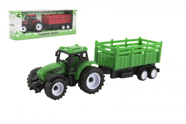 Traktor s vlekem plast 21cm na volný chod 2 barvy v krabičce 23x9x6cm