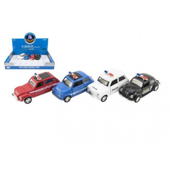 Auto policie retro 11cm kov/plast na zpětné natažení na baterie se světlem 4 druhy