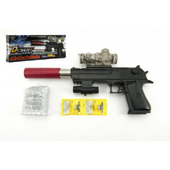 Pištoľ plast/kov 33cm na vodné guličky + náboje 9-11mm na batérie so svetlom v krabici 34x13x4
