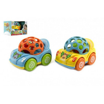Auto s chrastítkem plast 10cm asst 2 barvy v krabičce 18x12x14cm 12m+