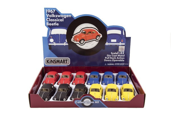 Kinsmart VW Classical Beetle samochód metal/plastik 13 cm wycofać 4 kolory 12 sztuk w pudełku