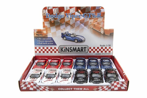 Kinsmart Dodge Viper GTS-R 1:36 12,5 cm metal/plastik 4 kolory wycofać 12 sztuk w pudełku