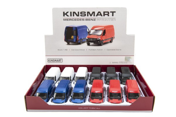 Auto/dodávka Kinsmart Mercedes-Benz Sprinter 1:48 kov/plast 12,5cm na zpětné nat. 4barvy 12ks v
