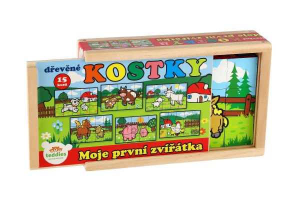 Kostky kubus Moje první zvířátka dřevo 15ks v dřevěné krabičce 20x13x5,2cm od 12 měsíců MPZ