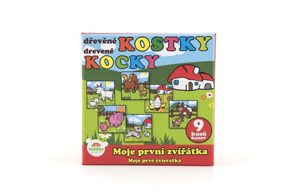 Kocky kubus Moje prvé zvieratká drevo 9x9x3cm 9ks v krabičke 11x11x6cm 12m+ MPZ