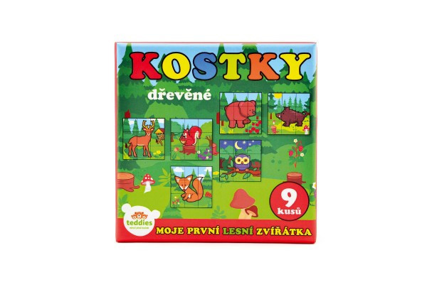 Kocky kubus drevené Moje prvé zvieratká lesné drevo 9x9x3cm 9ks v krab.11x11x6cm od 12 mesiacov M