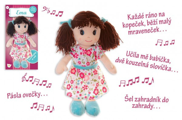 Bábika Ema handrová plyš 40 cm česky hovoriaca a spievajúca na karte v sáčku 0+
