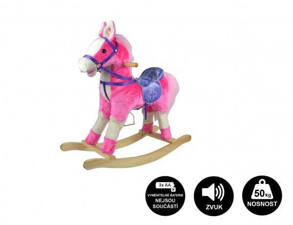 Kôň hojdací ružový plyš na batérie 71cm so zvukom a pohybom nosnosť 50kg v krabici 62x56x19cm