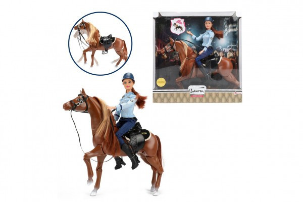 Bábika policajtka 30cm na koni so sedlom plast v krabici 34x35x10cm