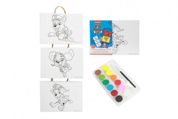 Mini plátno na povrázku 3ks 18x13cm Paw Patrol/Tlapková patrola so štetcom a farbami vo fólii