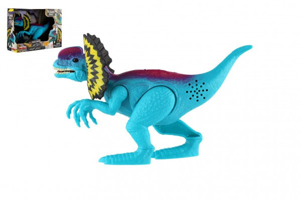 Dinozaur Dilofozaur plastikowy 18cm na baterie z dźwiękiem i światłem w pudełku 21x15x6,5cm