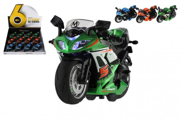 Motorka závodní kov/plast na zpětné natažení 12cm na baterie se světlem, zvukem 3 barvy