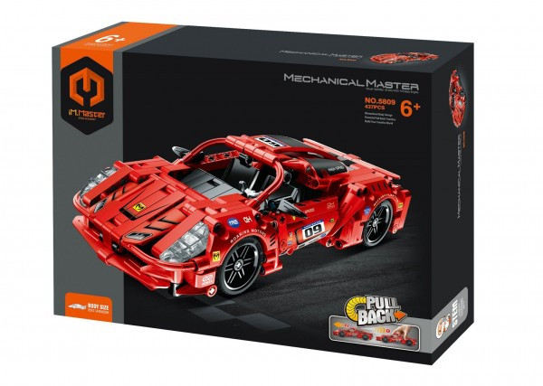 Stavebnice iM.MASTER závodní auto na zpětné natažení plast 437 dílků v krabici 31x23x7 cm